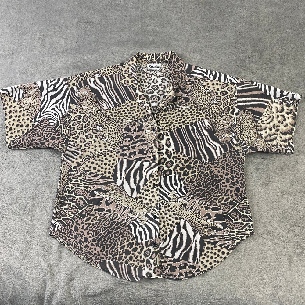 Caribou Shirt Women 16 Brown Animal‎ Print Patchwork Boho Vintage Made In USA